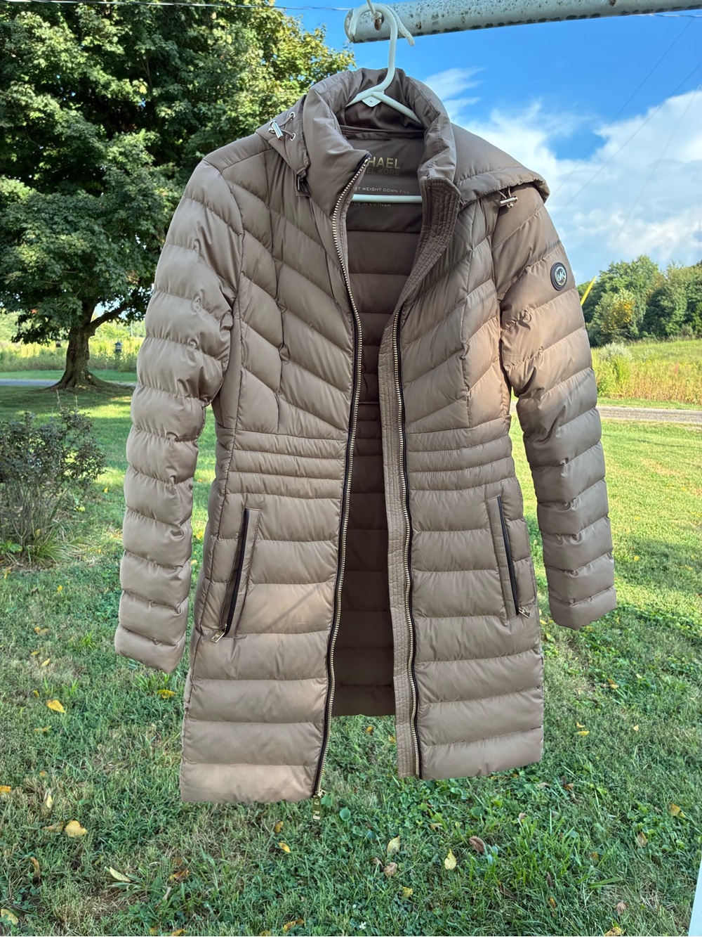 Michael Kors Taupe Quilted Long Packable Puffer Coat